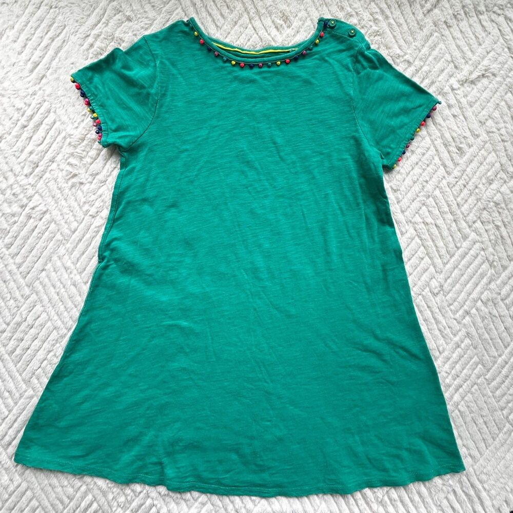 Mini Boden Girls 8-9Y Green Pom Trim Shift Dress Cotton Short Sleeve Cute